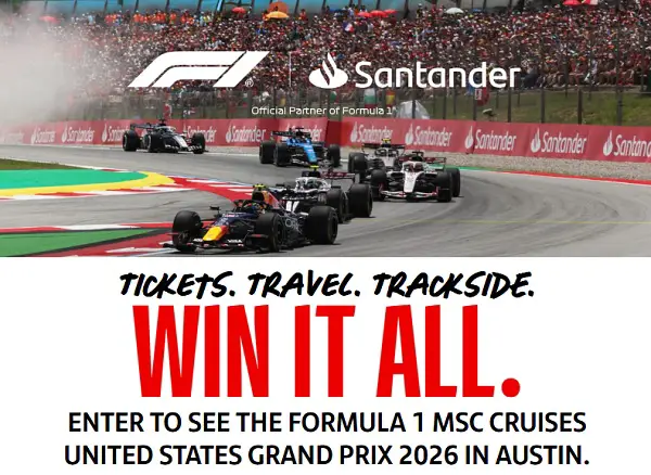 Santander F1 Austin Grand Prix Sweepstakes 2026 – Win a Formula 1 Austin Trip for Two