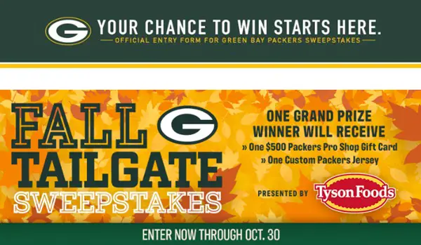 2026 Fall Tailgate Sweepstakes – Win a $500 Packers Pro Shop Gift Card, Jersey & Cheesehead