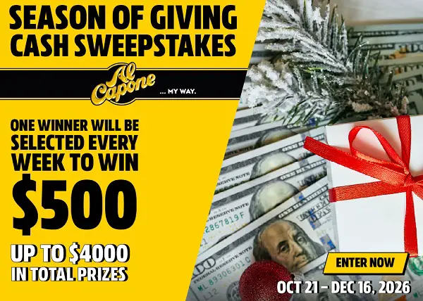 AL CAPONE Season of Giving Cash Giveaway: Win $500 Cash [8 Winners]