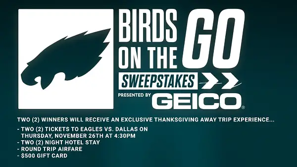 GEICO Birds on the Go Sweepstakes: Win a $2,950 Eagles vs. Cowboys Game Trip [2 Winners]