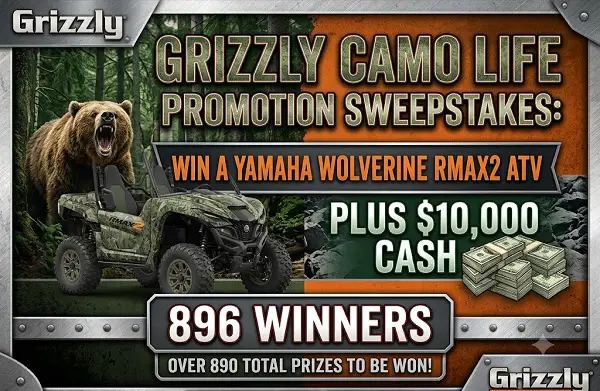 Grizzly Camo Life Promotion: Win a Yamaha Wolverine RMAX2 ATV & $10,000 Cash [896 Winners]