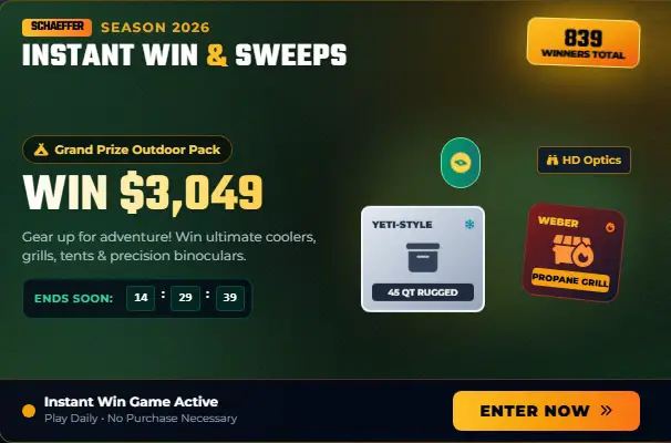 Schaeffer Season 2026 Instant Win and Sweeps – Win a $3,049 Outdoor Gear Pack [839 Winners]