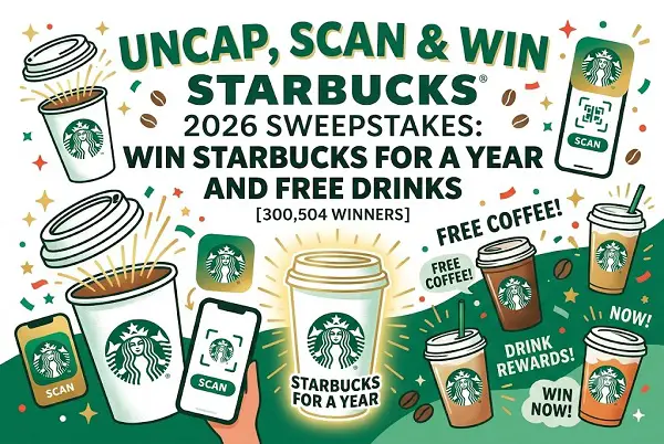 Starbucks Uncap, Scan & Win 2026 Sweepstakes: Win Starbucks for a Year and Free Drinks [300,504 Winners]