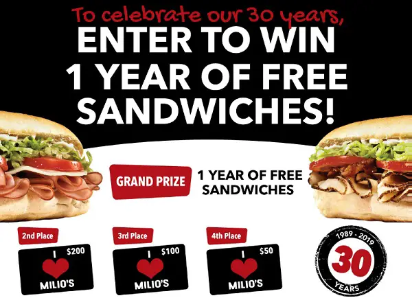 30 Years of Milio’s Giveaway: Win a Year of Free Sandwiches!